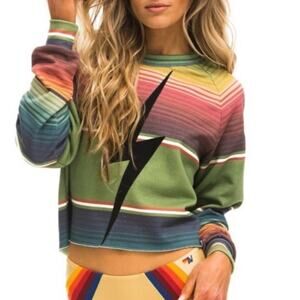 Aviator Nation Green and Red Graphic Crop Hoodie